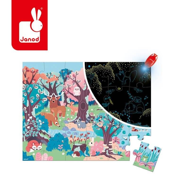 Janod - Świecące puzzle z mini-lampką UV Las 24 elementy 3+