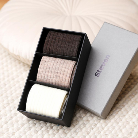 Steven -  Zestaw damski skarpet z wełny merynosów 3-PAK- Prążek ecru, melanż beżowy i melanż brązowy 