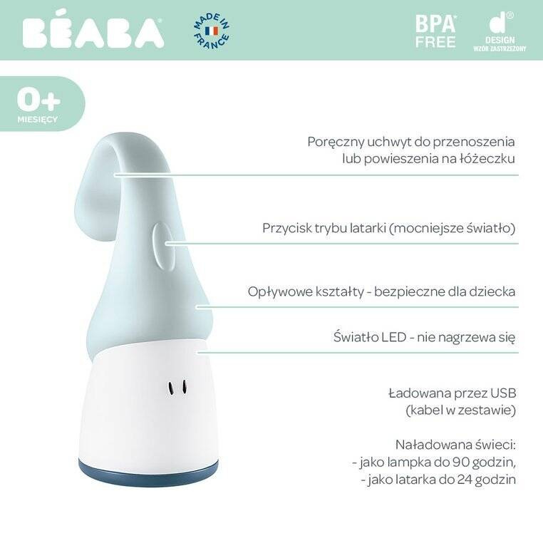 BEABA - Lampka nocna LED przenośna z latarką Pixie 90h świecenia - Blue