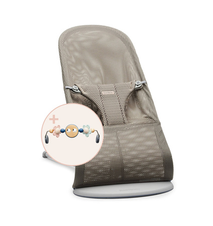 BABYBJORN - leżaczek BLISS MESH - Szarobeżowy +  Zabawka Googly Eyes Pastels