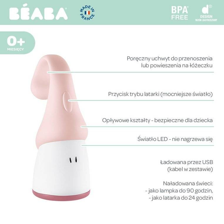 BEABA - Lampka nocna LED przenośna z latarką Pixie 90h świecenia - Pink