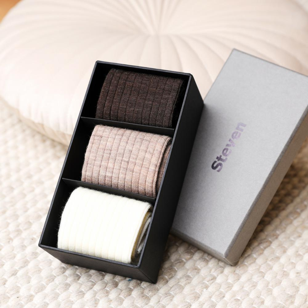 Steven -  Zestaw damski skarpet z wełny merynosów 3-PAK- Prążek ecru, melanż beżowy i melanż brązowy