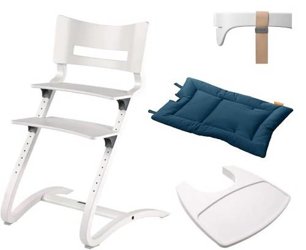 LEANDER - krzesełko do karmienia CLASSIC™, białe + barierka, tacka, poduszka Dark Blue - ZESTAW