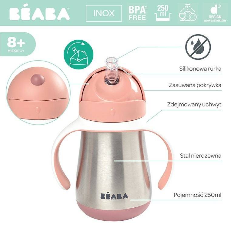 BEABA - Bidon termiczny termobutelka ze słomką 250 ml Old Pink