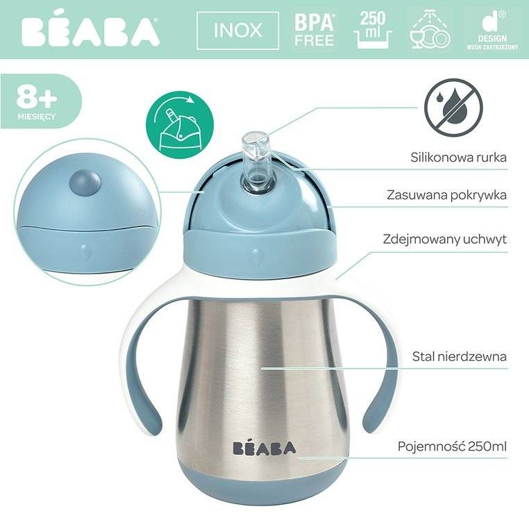BEABA - Bidon termiczny termobutelka ze słomką 250 ml Windy Blue