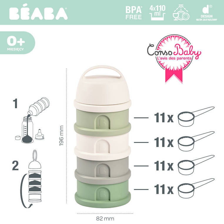 BEABA - Pojemniki na mleko w proszku 4 komory cotton - White/sage green
