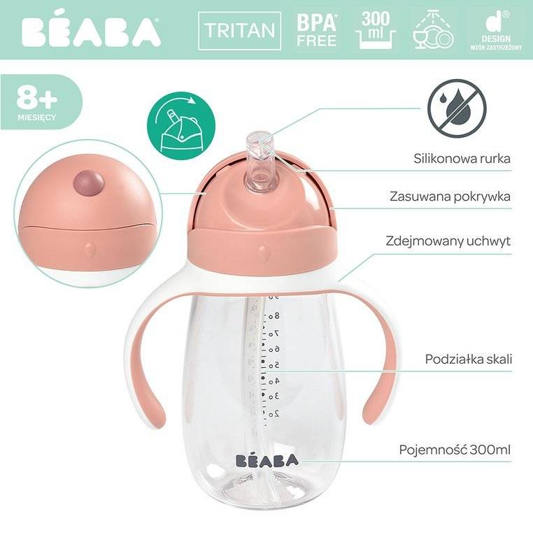 Beaba Butelka kubek niekapek tritanowa ze słomką 300 ml - Old Pink