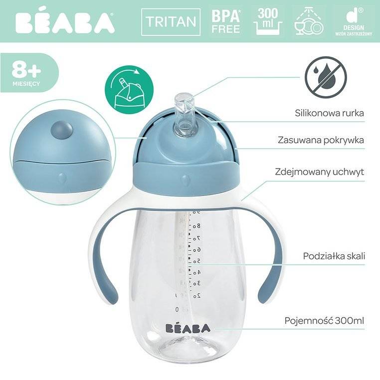 Beaba Butelka kubek niekapek tritanowa ze słomką 300 ml - Windy Blue