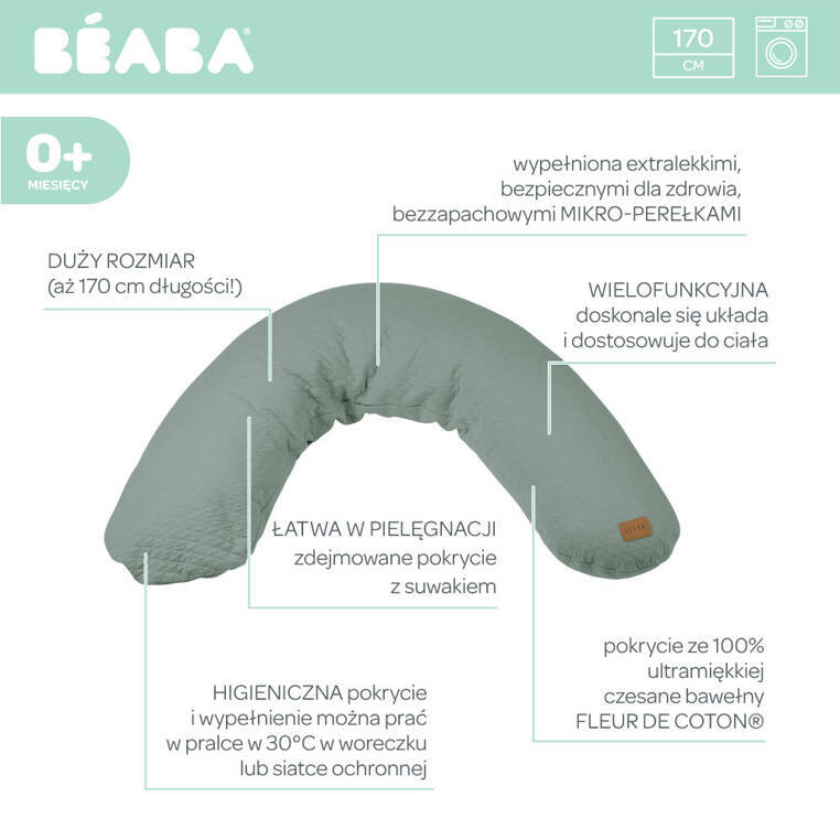 Beaba Ergonomiczna poduszka rogal dla kobiet w ciąży i karmiących Big Flopsy ™ Fleur de coton Sage Green