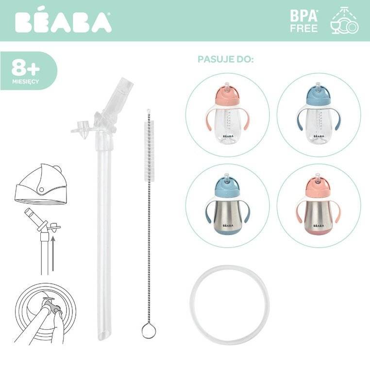 Beaba - Zestaw akcesoriów: słomka, czyścik i uszczelka do butelek - kubków niekapków stalowych 250 ml i tritanowych 300 ml