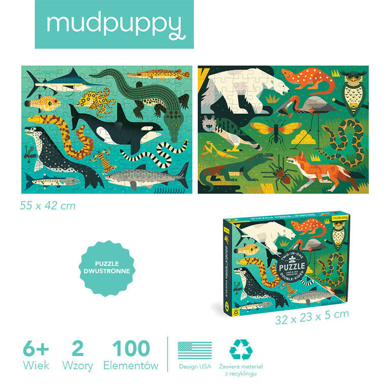 Mudpuppy Puzzle dwustronne Drapieżniki lądowe i wodne 100 elementów 6+