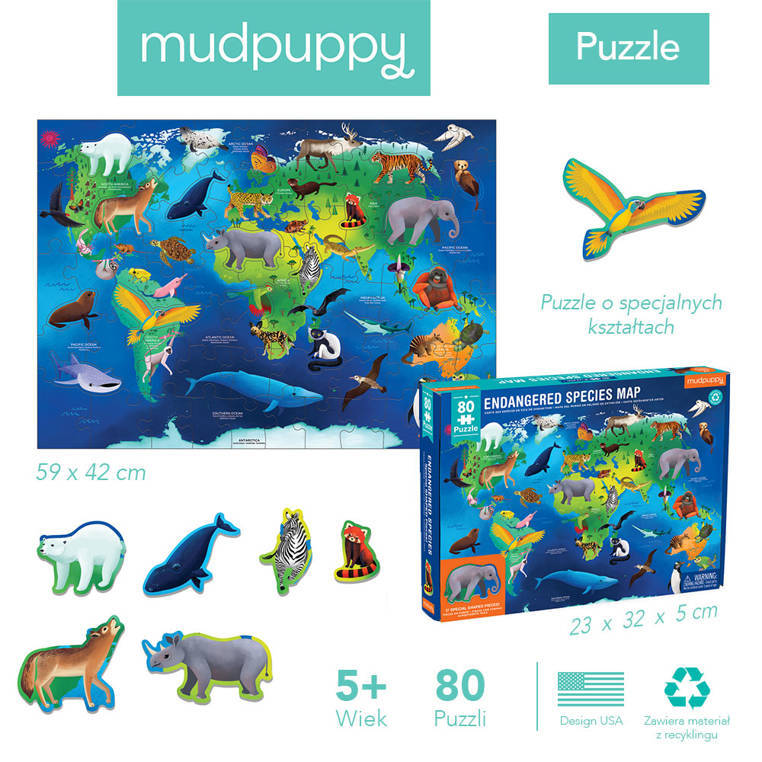 Mudpuppy Puzzle edukacyjne Zagrożone gatunki z elementami w kształcie zwierząt 80 elementów 5+