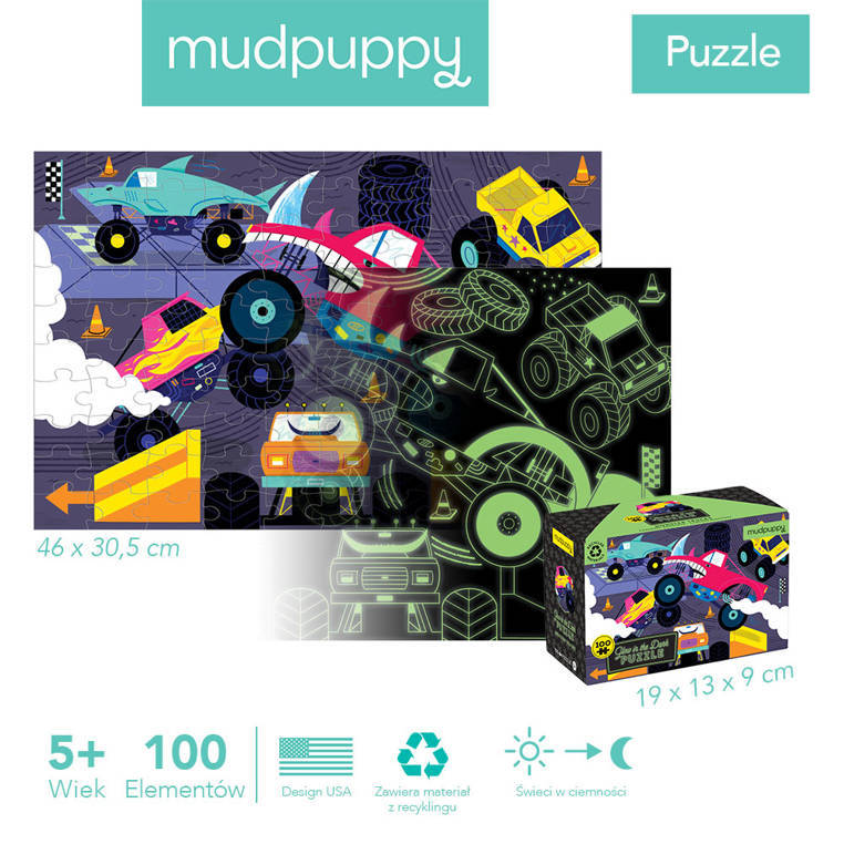 Mudpuppy Puzzle świecące w ciemności Monster trucki 100 elementów 5+