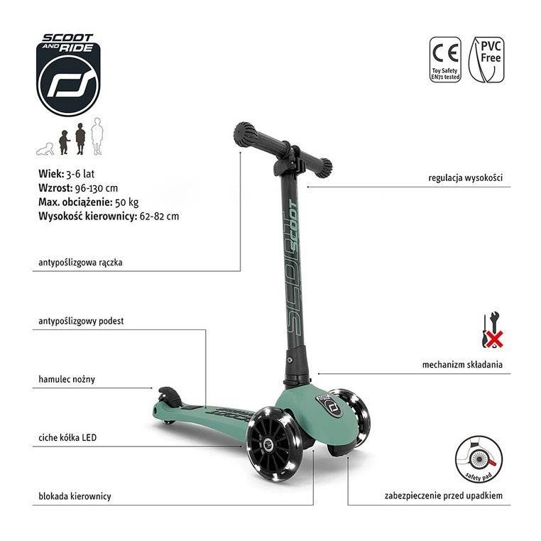 SCOOTANDRIDE Highwaykick 3 LED Hulajnoga składana ze świecącymi kółkami 3+ Forest