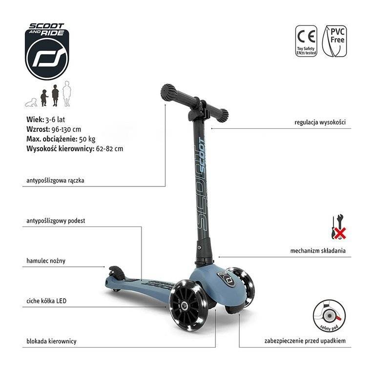 SCOOTANDRIDE Highwaykick 3 LED Hulajnoga składana ze świecącymi kółkami 3+ Steel