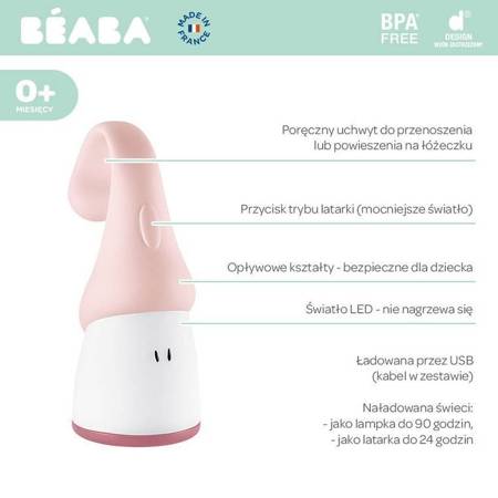 BEABA - Lampka nocna LED przenośna z latarką Pixie 90h świecenia - Pink