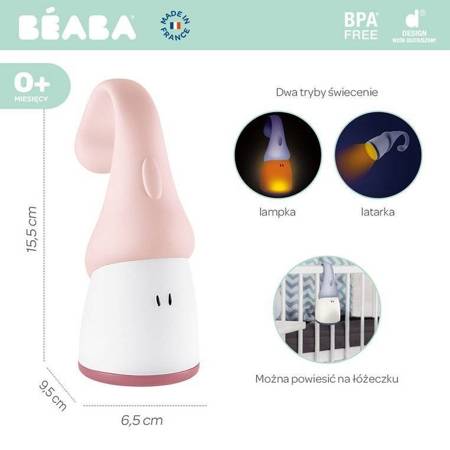 BEABA - Lampka nocna LED przenośna z latarką Pixie 90h świecenia - Pink