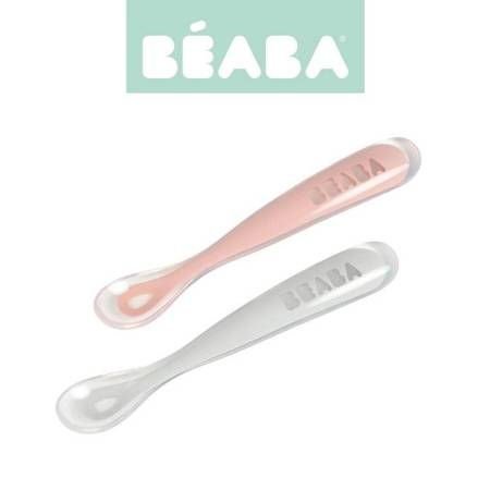 BEABA Zestaw 2 łyżeczek silikonowych w podróżnym etui 4 m+ Old Pink