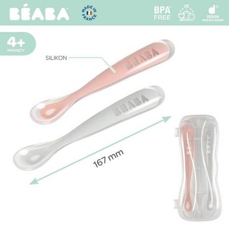 BEABA Zestaw 2 łyżeczek silikonowych w podróżnym etui 4 m+ Old Pink