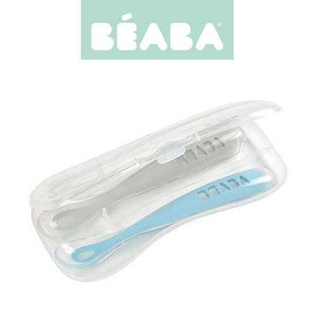 BEABA - Zestaw 2 łyżeczek silikonowych w podróżnym etui 4 m+ - Windy Blue