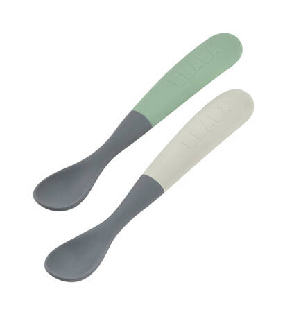 Beaba Zestaw 2 łyżeczek silikonowych w podróżnym etui 4 m+ Mineral grey/Sage green