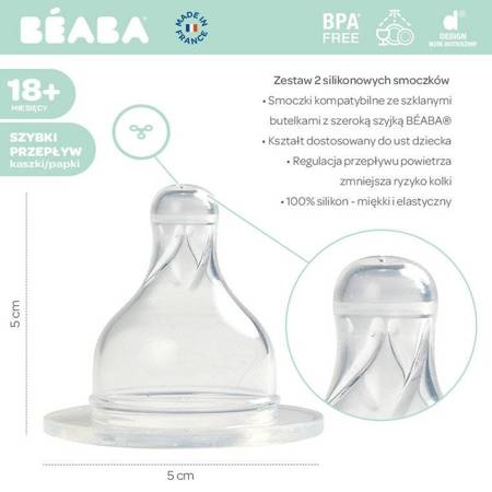 Beaba Zestaw 2 smoczków do butelek szerokootworowych, szybki przepływ, kaszka 18m+