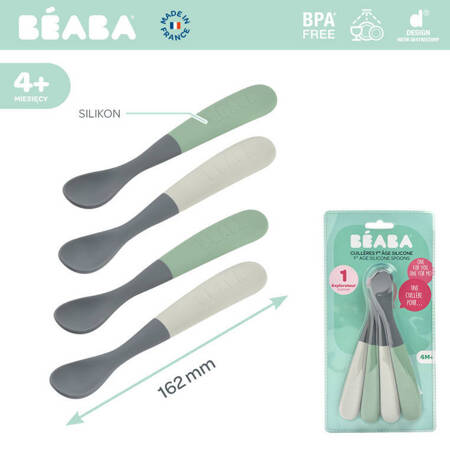 Beaba Zestaw 4 łyżeczek silikonowych 4 m+ Mineral grey/Sage green