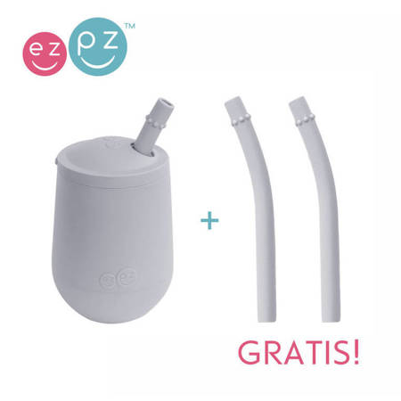 EZPZ Silikonowy kubeczek ze słomką Mini Cup + Straw Training System 120 ml + 2 słomki GRATIS pastelowa szarość