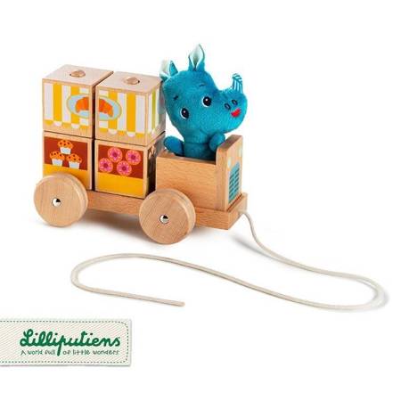 LILLIPUTIENS Drewniany foodtruck z 4 klockami-puzzlami Nosorożec Marius 12 m+