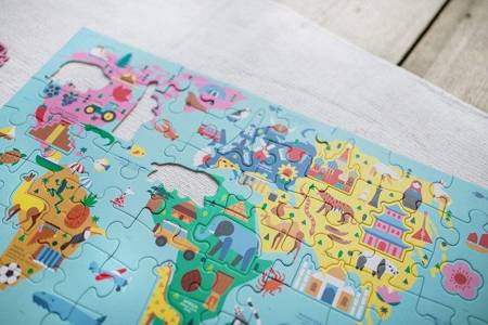 Mudpuppy Puzzle Mapa Świata z elementami w kształcie budynków i zwierząt 5+