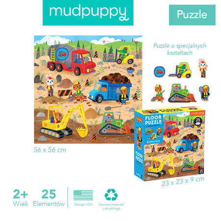 Mudpuppy Puzzle podłogowe Plac budowy z unikalnymi kształtami 25 elementów 2+