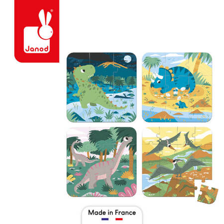 Puzzle progresywne w walizce Dinozaury 4 układanki – 6, 9, 12 i 16 elementów 2+, Made in France, Janod