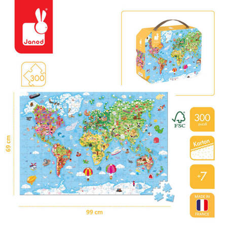 Puzzle w walizce Ogromna mapa świata 300 elementów 7+ Made in France, Janod (stary indeks: J02656)