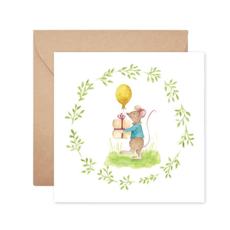 Rozrysowane - Kartka urodzinowa myszka z prezentem